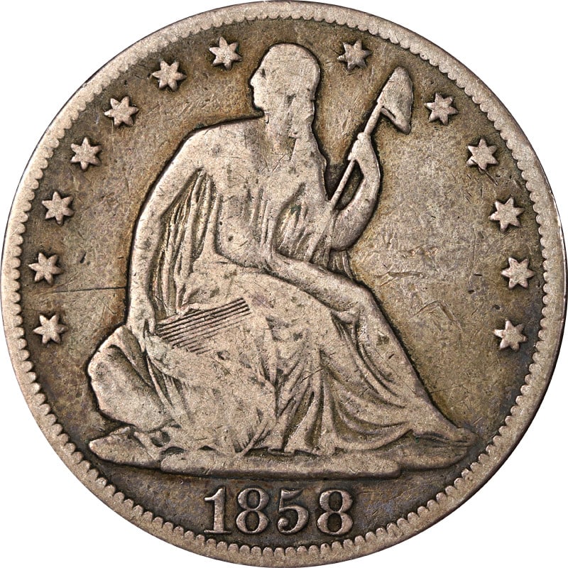 1858 Philadelphia Mint Silver Seated Liberty Half Dollar Coin (1 of 2)