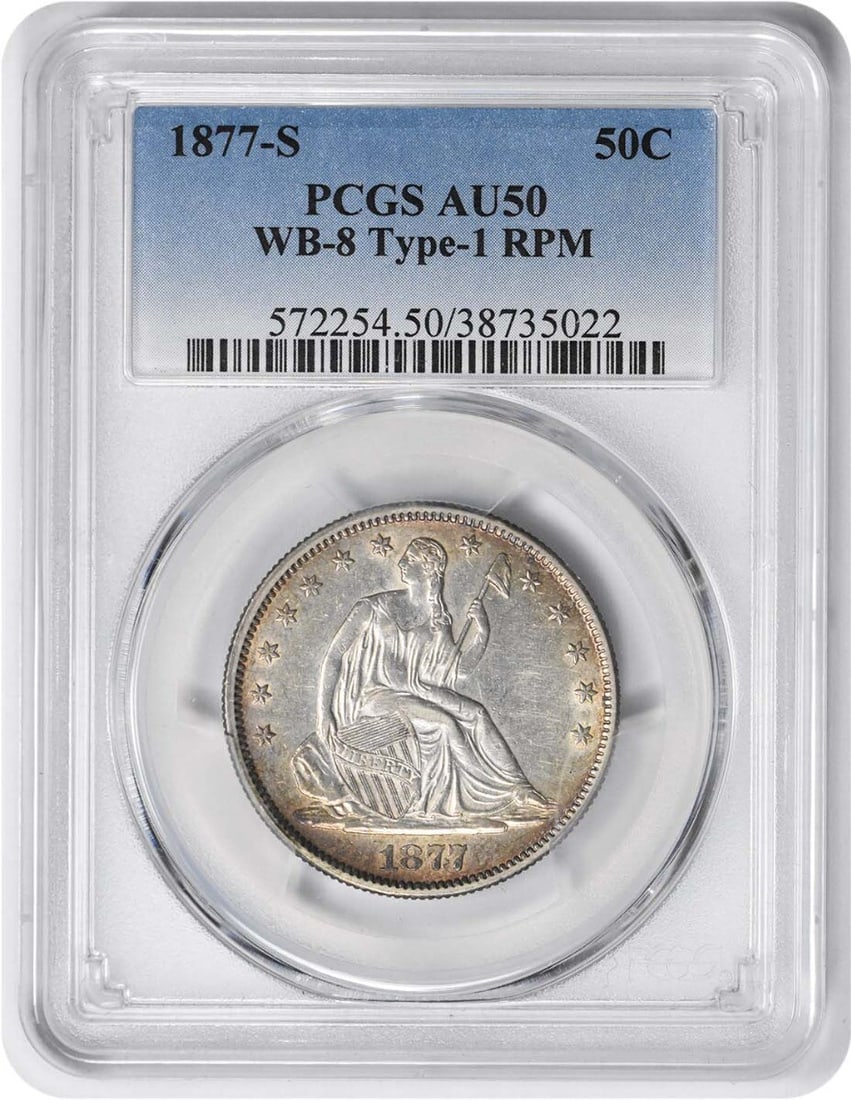 1877-S Liberty Seated Half Dollar Type 1 AU50 PCGS Silver: 1877-S Liberty Seated Half Dollar Type 1 AU50 PCGS Silver This 1877-S Liberty Seated Half Dollar Type 1 is a remarkable example of American numismatic history. Graded AU50 by PCGS, this coin features