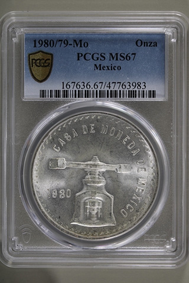 1980 Mexican Libertad 1 oz Silver Coin PCGS MS67: 1980 Mexican Libertad 1 oz Silver Coin PCGS MS67 This stunning Mexican Libertad coin, minted in 1980, features a composition of pure silver (fineness 0.999) and comes with a remarkable grade of MS 67