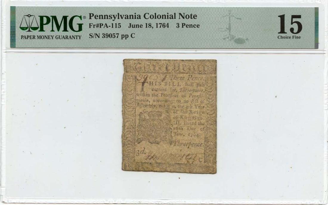 1764 3 Pence Pennsylvania Colonial Note PMG F15 Ben Franklin: 1764 3 Pence Pennsylvania Colonial Note PMG F15 Ben Franklin This is a 1764 June 18, 3 Pence Pennsylvania Colonial Note, graded F15 by PMG. The note is classified as circulated and is a piece of colon
