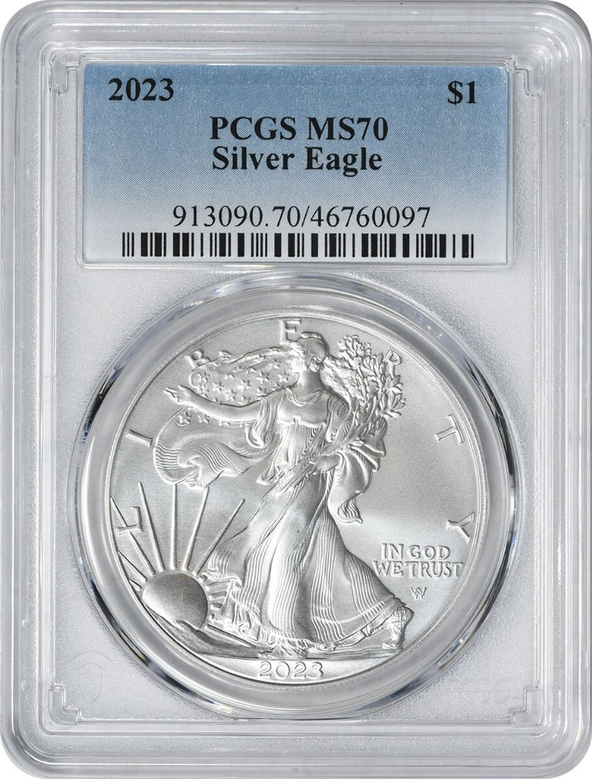2023 PCGS MS70 American Silver Eagle Coin 1 oz Silver: 2023 PCGS MS70 American Silver Eagle Coin 1 oz Silver This 2023 American Silver Eagle coin is graded MS70 by PCGS, ensuring its top-tier quality and preservation. With a total precious metal content o