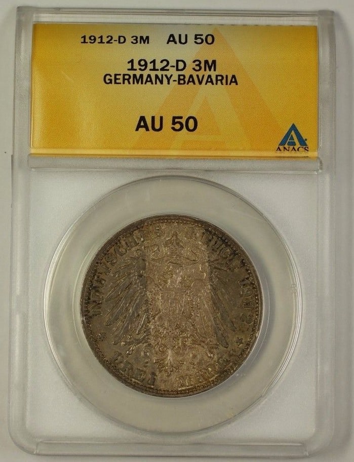 1912-D Germany Bavaria Three Mark Silver Coin ANACS AU-50: 1912-D Germany Bavaria Three Mark Silver Coin ANACS AU-50 This 1912-D Three Mark Silver Coin from Germany-Bavaria is an exceptional piece for any numismatic collection. Graded AU 50 by ANACS, this unc