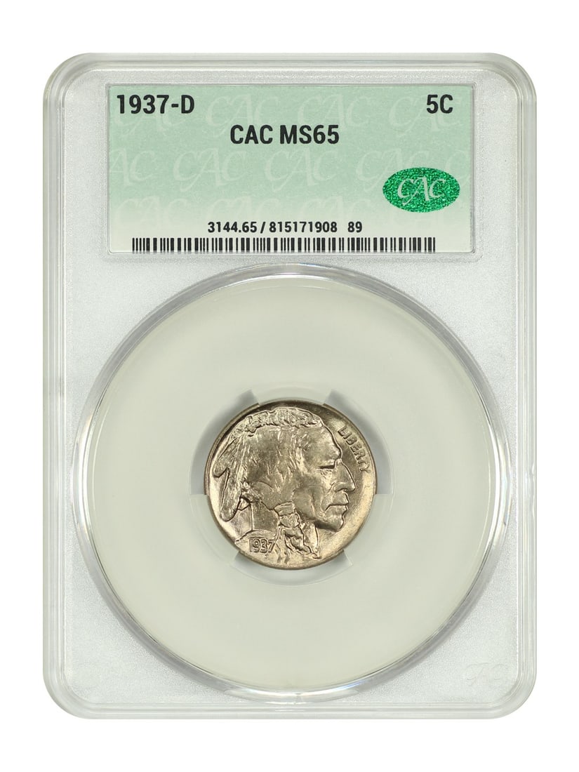 1937-D Buffalo Nickel CACG MS65 Uncirculated Coin: 1937-D Buffalo Nickel CACG MS65 Uncirculated Coin This 1937-D Buffalo Nickel is certified by CACG with a grade of MS65, indicating its uncirculated condition. Struck at the Denver Mint, this coin is p