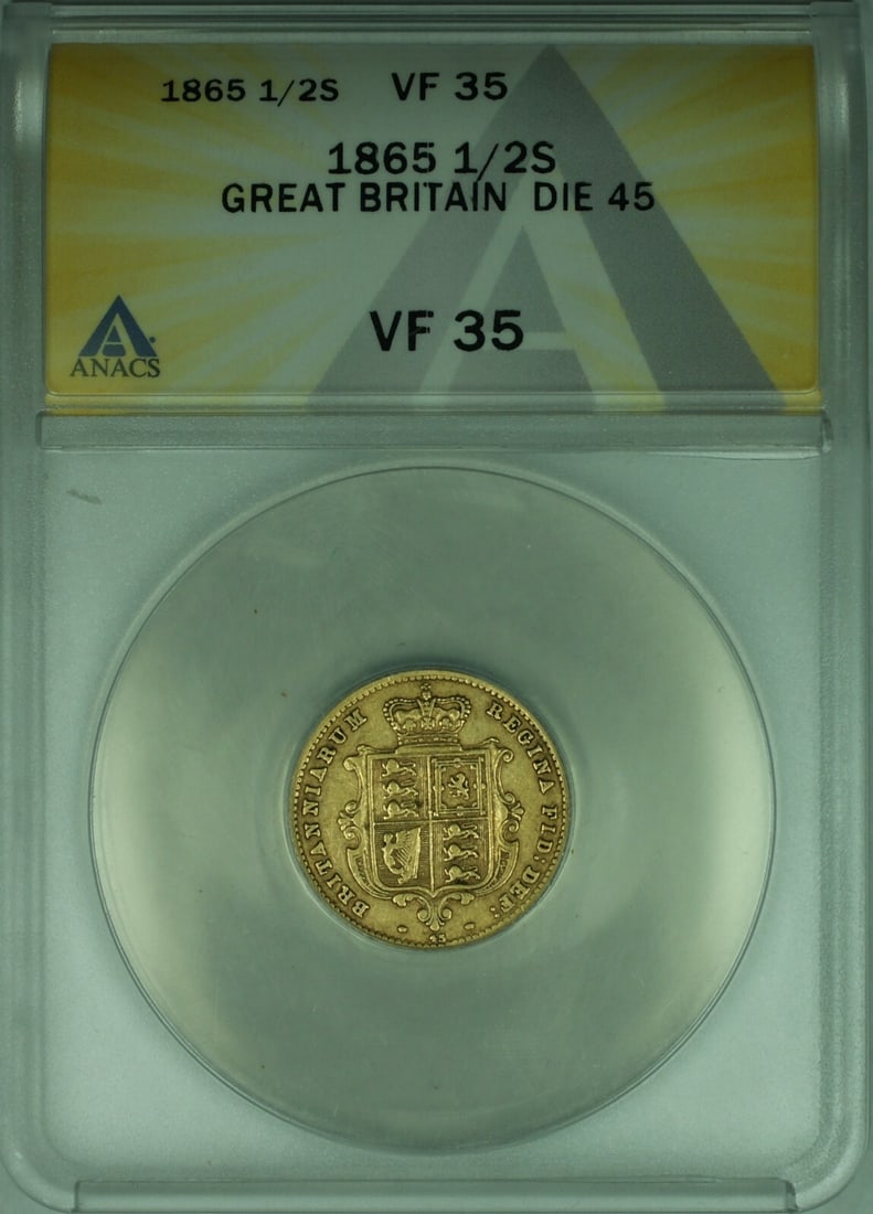 1865 Great Britain 1/2 Sovereign Coin ANACS Certified Gold VF-35: 1865 Great Britain 1/2 Sovereign Coin ANACS Certified Gold VF-35 This 1865 Great Britain 1/2 Sovereign coin is a remarkable piece of history, certified by ANACS and graded VF-35. Crafted from gold wit