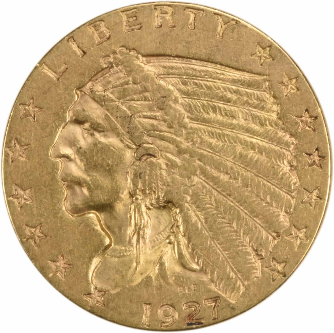 1927 $2.50 Gold Indian Coin AU Uncertified Bela Lyon Pratt Design: 1927 $2.50 Gold Indian Coin AU Uncertified Bela Lyon Pratt Design This 1927 $2.50 Gold Indian coin showcases a striking design by Bela Lyon Pratt, featuring a Native American chief on the obverse and