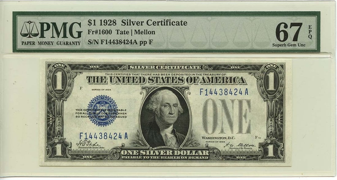 1928 $1 Silver Certificate Type 1600 PMG Superb Gem 67EPQ: 1928 $1 Silver Certificate Type 1600 PMG Superb Gem 67EPQ This 1928 $1 Silver Certificate, designated as type 1600, is a remarkable collectible note, graded PMG Superb Gem 67 EPQ. It is in uncirculate