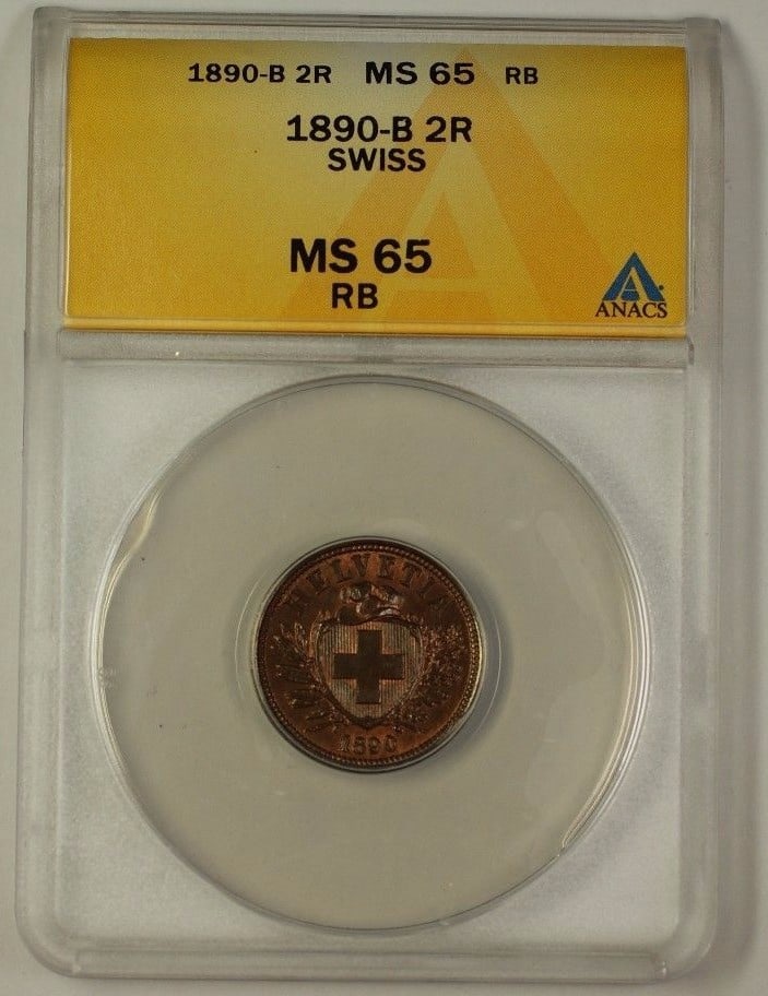1890-B Switzerland 2 Rappen Coin ANACS MS 65 Red Brown Copper: 1890-B Switzerland 2 Rappen Coin ANACS MS 65 Red Brown Copper This 1890-B Switzerland Two Rappen Coin is a remarkable piece of numismatic history, graded MS-65 by ANACS, indicating its excellent condi