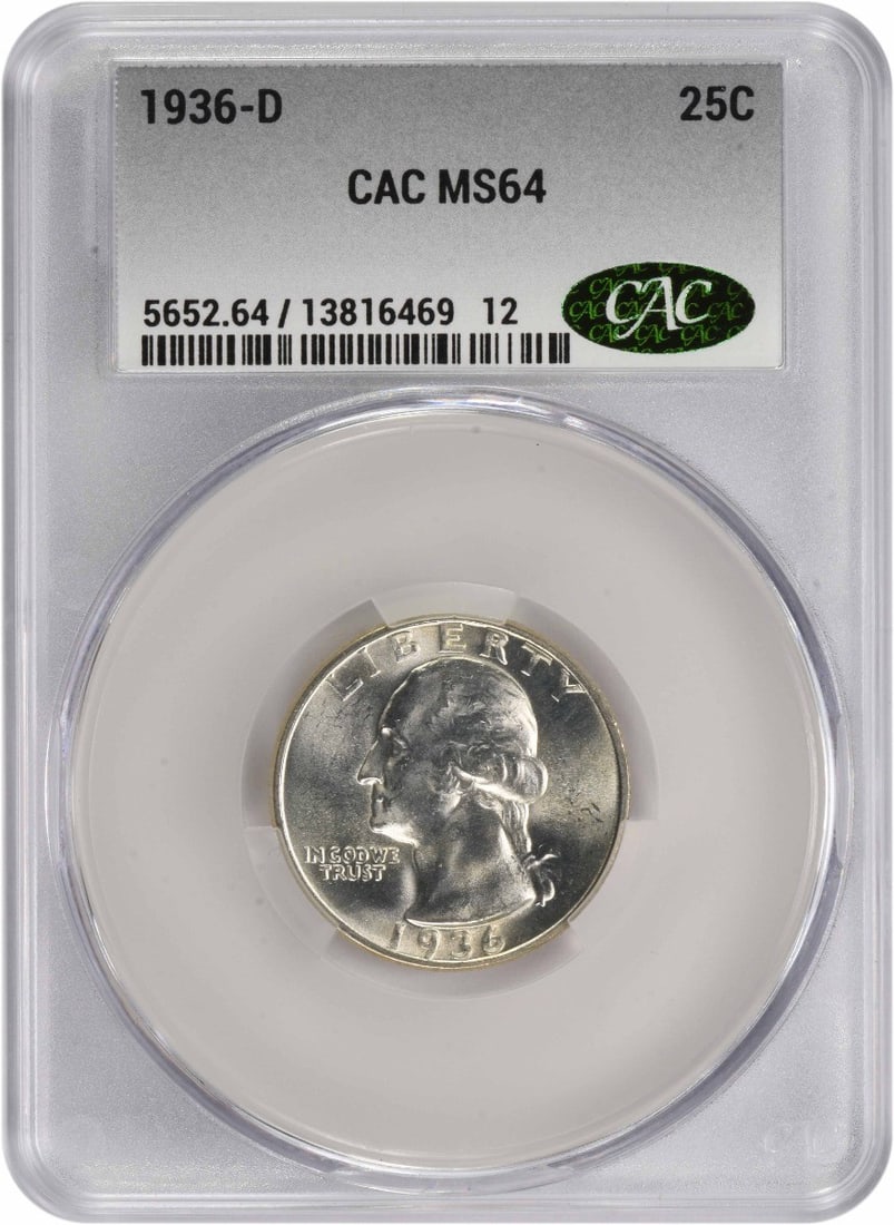 1936-D Washington Silver Quarter MS64 CACG 90% Silver: 1936-D Washington Silver Quarter MS64 CACG 90% Silver This 1936-D Washington Silver Quarter is a stunning collectible coin, graded MS64 by CACG, ensuring its exceptional quality. Minted in Denver, thi