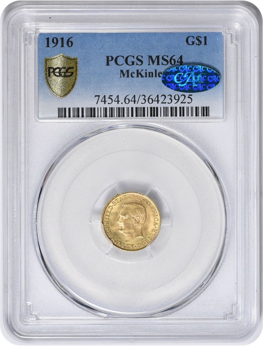 1916 McKinley $1 Gold Coin MS64 PCGS Commemorative: 1916 McKinley $1 Gold Coin MS64 PCGS Commemorative This 1916 McKinley $1 Gold coin is graded MS64 by PCGS and features a CAC certification. Minted in Philadelphia, this commemorative coin showcases th