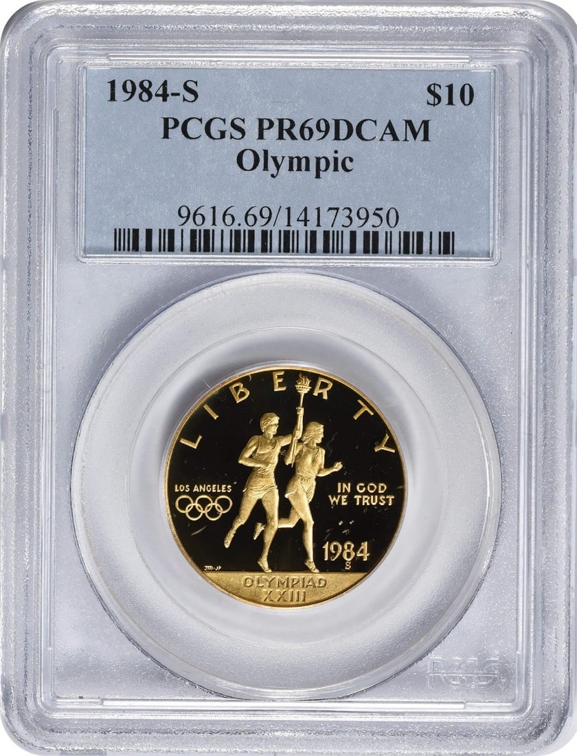 1984-S Olympic Gold $10 Commemorative Coin PR69DCAM PCGS: 1984-S Olympic Gold $10 Commemorative Coin PR69DCAM PCGS This 1984-S Olympic $10 Gold Ten Dollar Commemorative coin is an exquisite piece of numismatic history. Certified by PCGS with a grade of PR69D