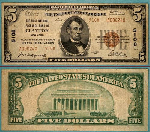 1929 T-2 Clayton NY $5 National Bank Note First NEB Charter 5108: 1929 T-2 Clayton NY $5 National Bank Note First NEB Charter 5108 This $5 1929 T-2 National Bank Note from Clayton, NY, is a remarkable piece for collectors. Graded Fine/Very Fine (F/VF), this note sho