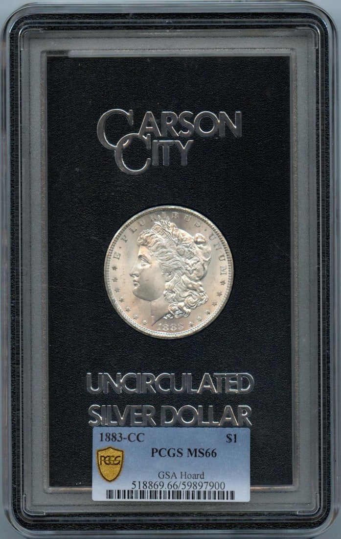 1883 Carson City Morgan Dollar GSA Hoard PCGS MS66: 1883 Carson City Morgan Dollar GSA Hoard PCGS MS66 This 1883-CC Morgan Dollar is a remarkable piece of American numismatic history. Graded MS66 by PCGS, it exhibits exceptional quality and detail, mak