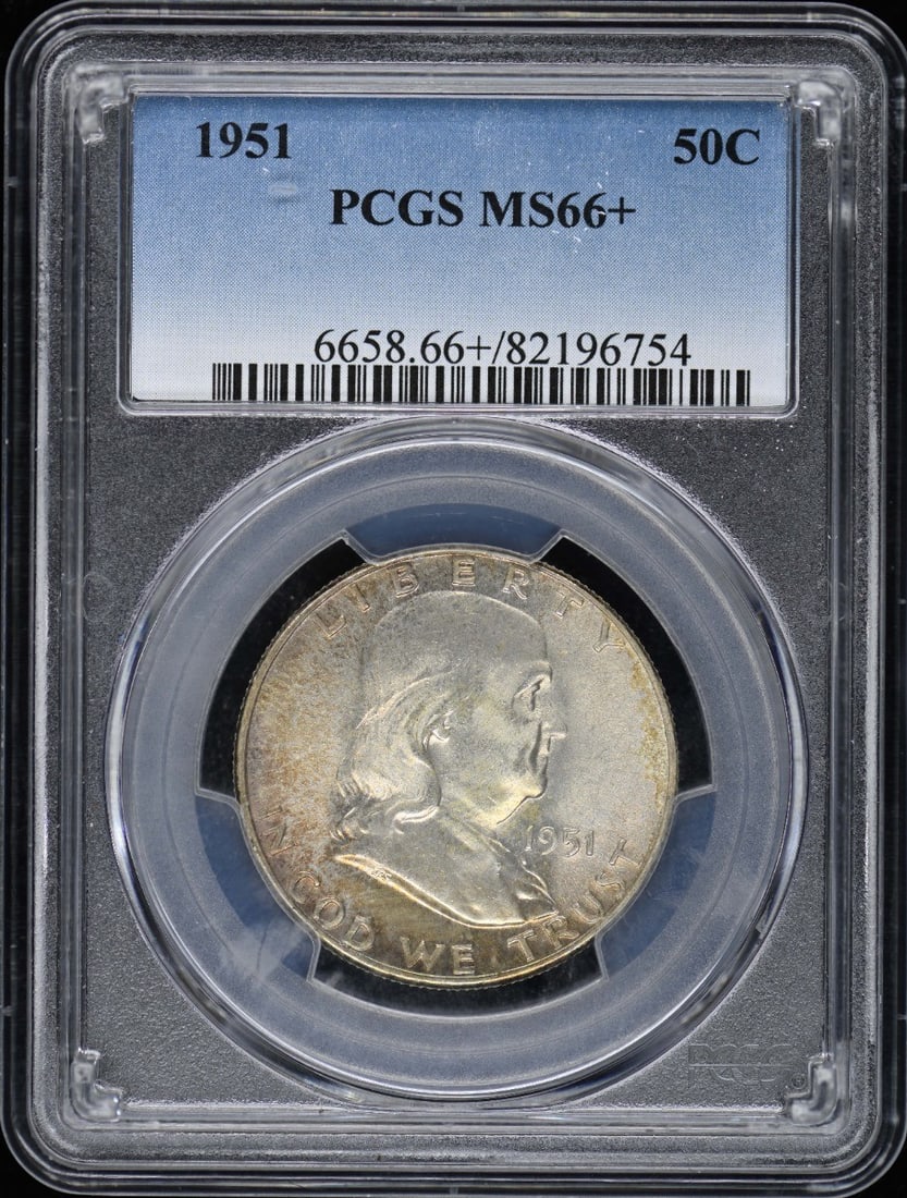 1951 Franklin Half Dollar PCGS MS66+ Uncirculated Coin: 1951 Franklin Half Dollar PCGS MS66+ Uncirculated Coin This 1951 Franklin Half Dollar is certified by PCGS with an impressive grade of MS66+. The coin is uncirculated, showcasing its pristine conditio
