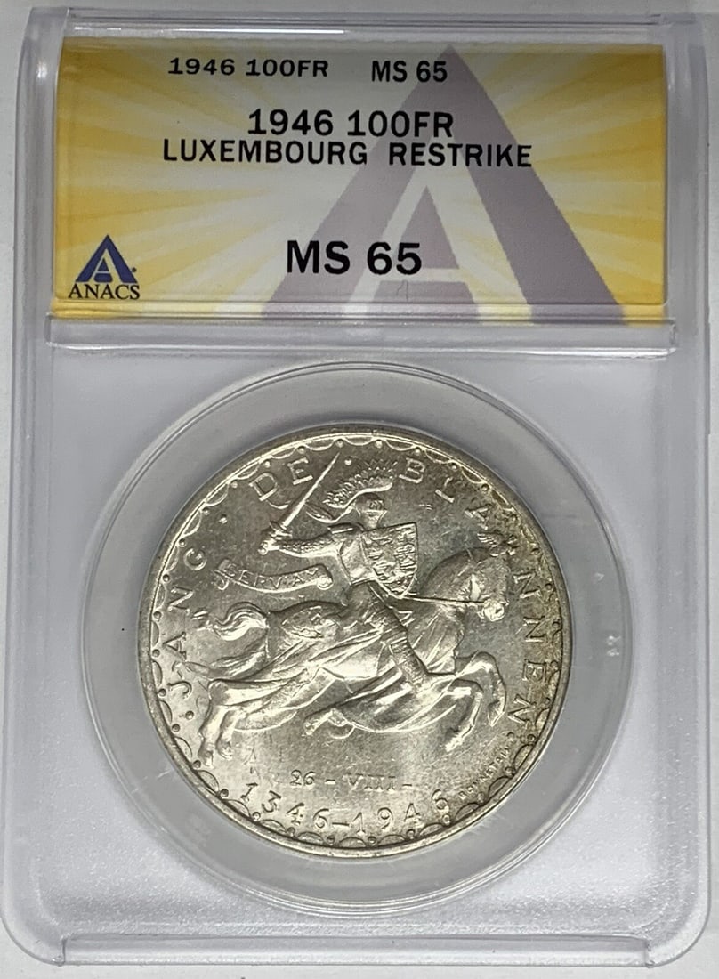 1946 Luxembourg 100 Francs Silver Coin ANACS MS 65 Not Restrike: 1946 Luxembourg 100 Francs Silver Coin ANACS MS 65 Not Restrike This 1946 Luxembourg 100 Francs Coin is a remarkable piece of numismatic history. Struck in silver, this coin is graded MS 65 by ANACS,
