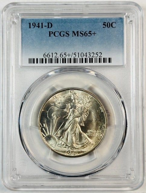 1941 D Walking Liberty Half Dollar PCGS MS65+ Uncirculated Denver: 1941 D Walking Liberty Half Dollar PCGS MS65+ Uncirculated Denver This 1941 D Walking Liberty Half Dollar, certified by PCGS with a grade of MS 65+, showcases its exceptional uncirculated condition. M