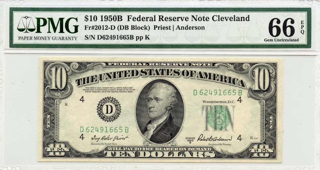 1950B $10 Federal Reserve Note Fr# 2012-D PMG 66 EPQ Uncirculated: 1950B $10 Federal Reserve Note Fr# 2012-D PMG 66 EPQ Uncirculated This 1950B $10 Federal Reserve Note from Cleveland, designated as Fr# 2012-D, is an exceptional example of currency. Certified by PMG
