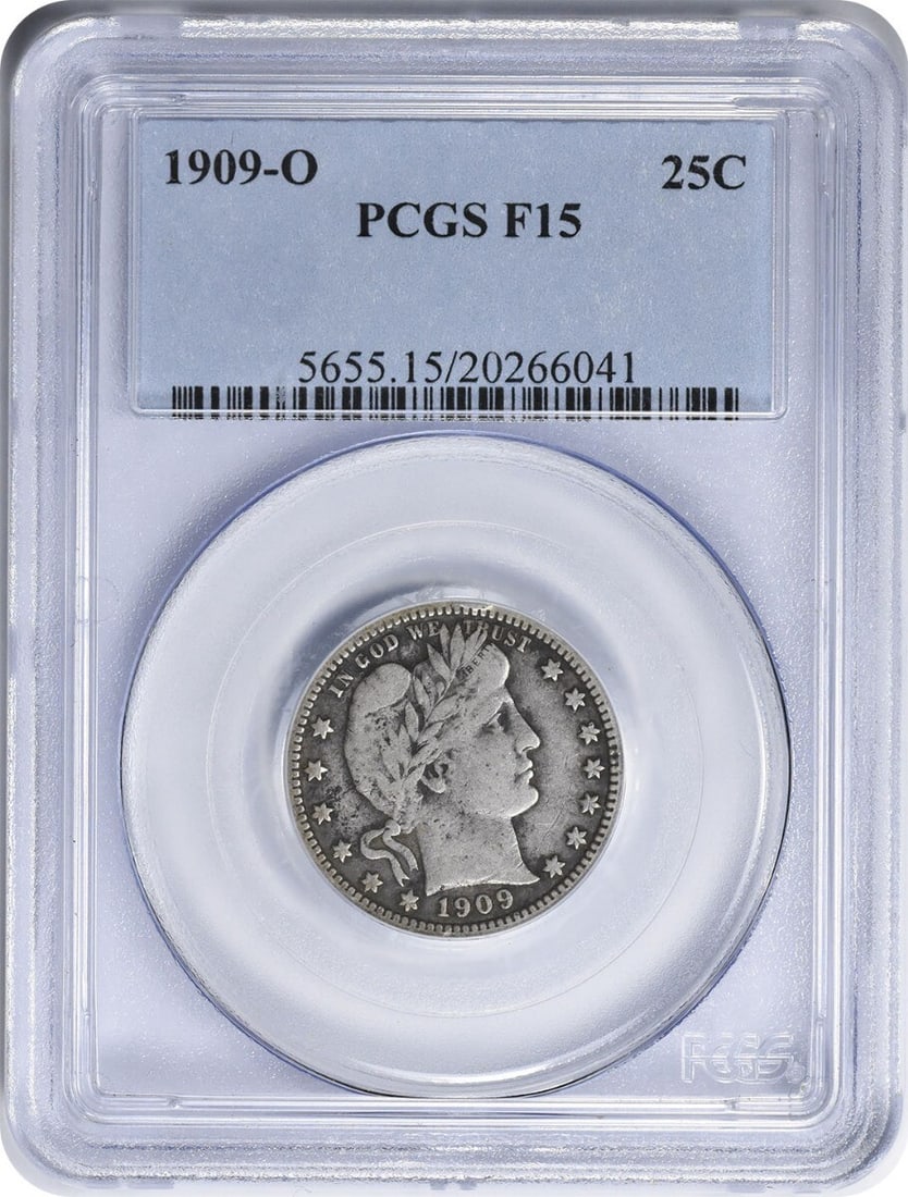 1909-O Barber Silver Quarter F15 PCGS Certified 90% Silver: 1909-O Barber Silver Quarter F15 PCGS Certified 90% Silver This 1909-O Barber Silver Quarter is a remarkable collectible coin, certified by PCGS and graded as Fair (F). Minted in New Orleans, this his