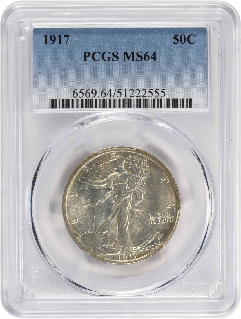 1917 Walking Liberty Silver Half Dollar MS64 PCGS Uncirculated: 1917 Walking Liberty Silver Half Dollar MS64 PCGS Uncirculated This 1917 Walking Liberty Silver Half Dollar is a remarkable collectible, graded MS64 by PCGS, indicating its excellent condition. Struck