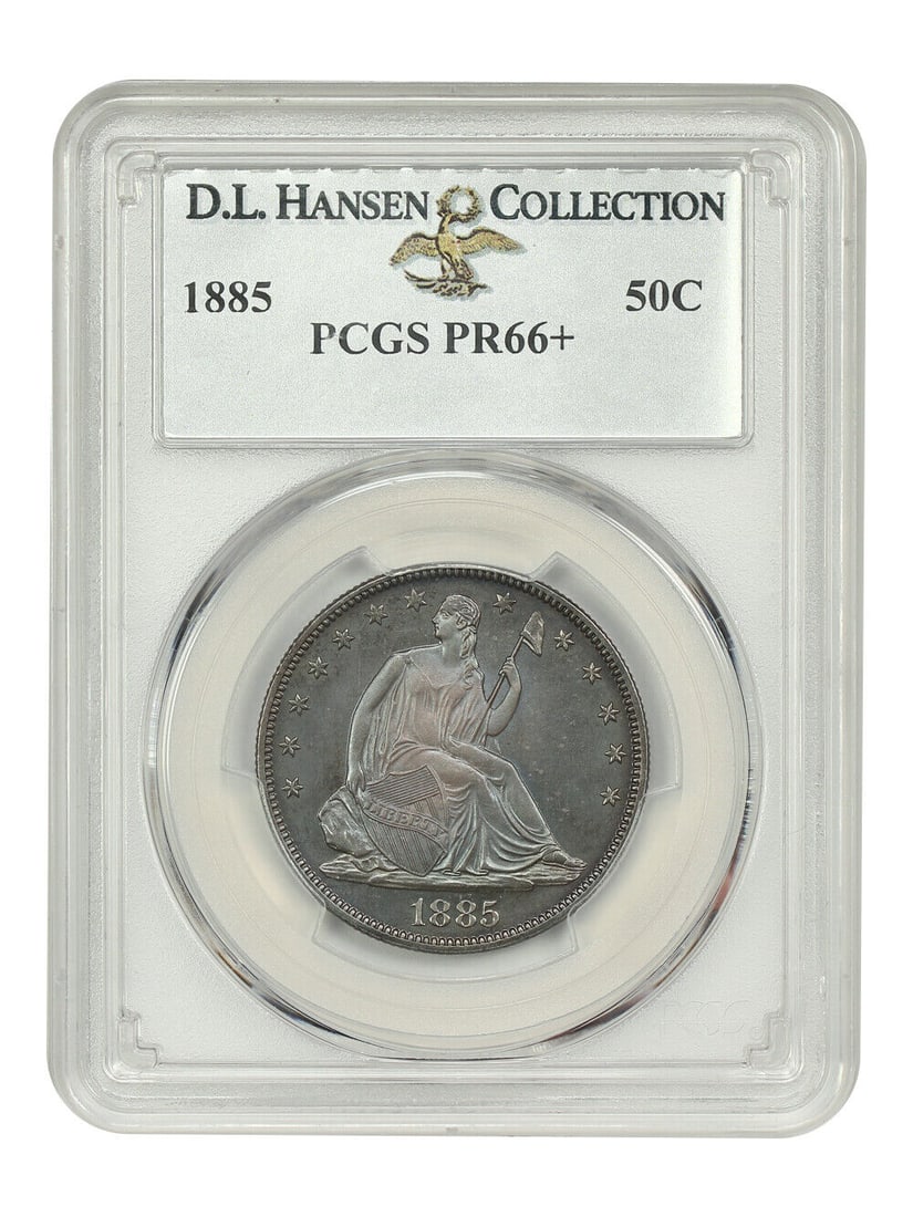 1885 Liberty Seated Half Dollar PCGS PR66+ Blue Toning Low Mintage: 1885 Liberty Seated Half Dollar PCGS PR66+ Blue Toning Low Mintage This 1885 50C Liberty Seated Half Dollar is a stunning example of numismatic artistry, certified by PCGS with a grade of PR66+. Featu