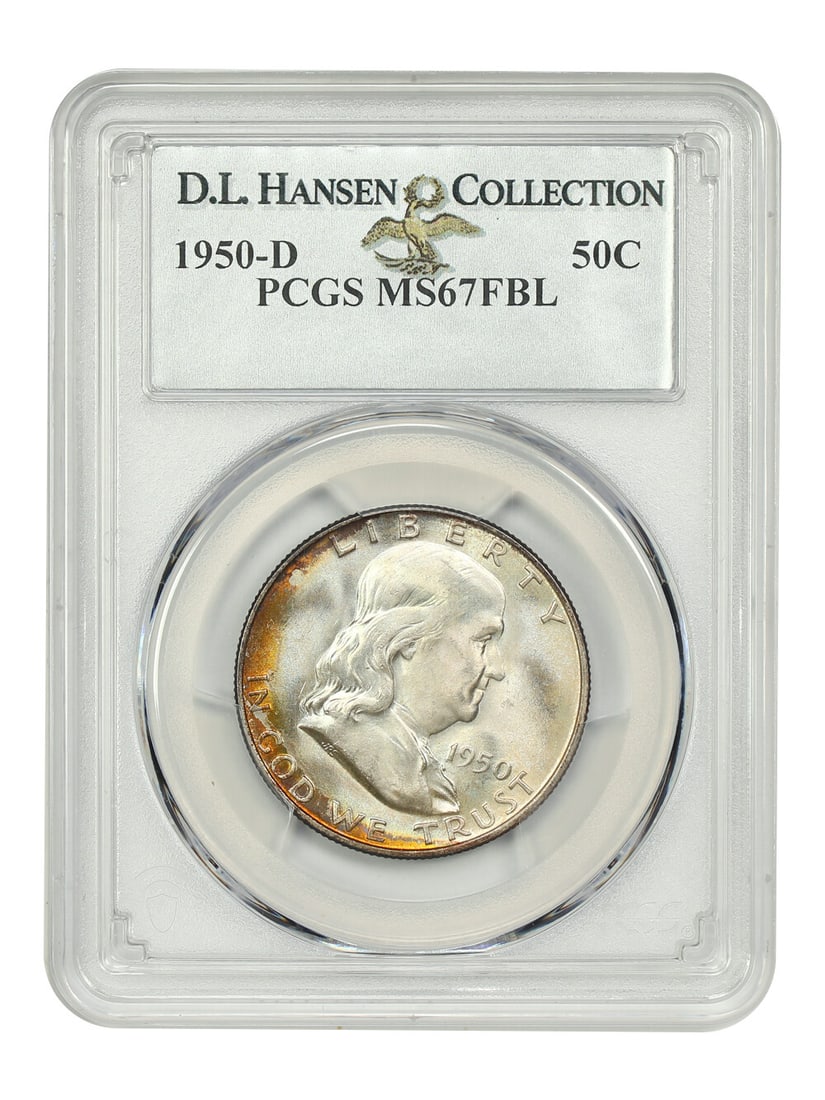 1950-D Franklin Half Dollar PCGS MS67FBL Uncirculated Gem: 1950-D Franklin Half Dollar PCGS MS67FBL Uncirculated Gem This 1950-D Franklin Half Dollar, graded MS67FBL by PCGS, is a remarkable example for any advanced collector. With its uncirculated condition,
