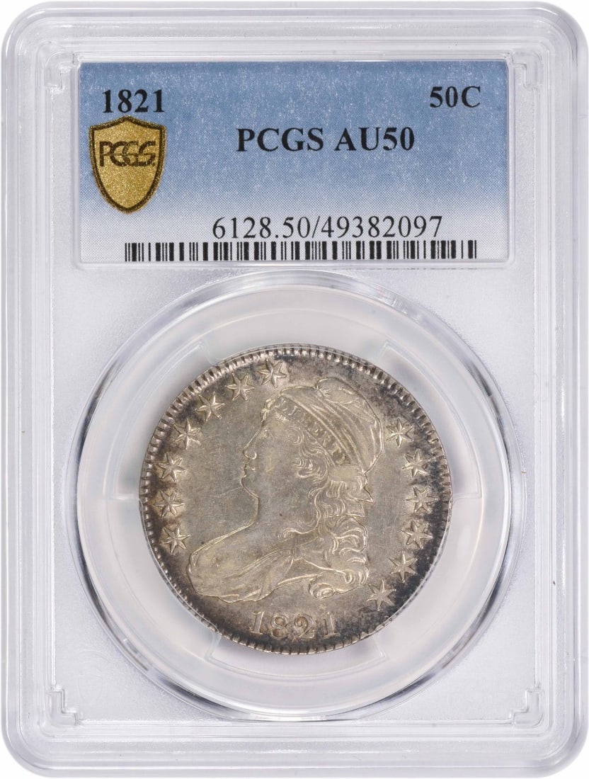 1821 Bust Silver Half Dollar AU50 PCGS Certified Historical Coin: 1821 Bust Silver Half Dollar AU50 PCGS Certified Historical Coin This 1821 Bust Silver Half Dollar is a remarkable piece of American numismatic history. Graded as AU50 by PCGS, this coin features a be