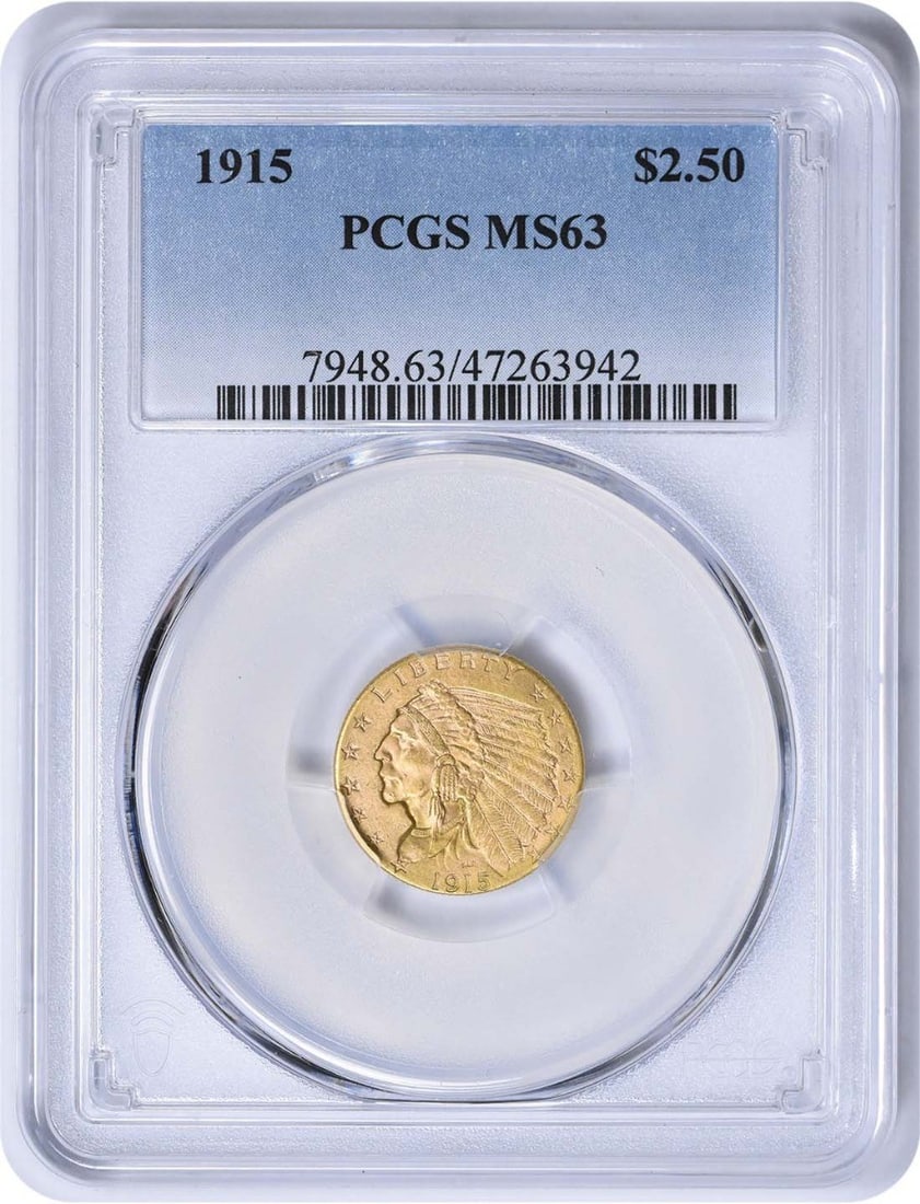1915 $2.50 Gold Indian Coin MS63 PCGS Uncirculated Bela Lyon Pratt: 1915 $2.50 Gold Indian Coin MS63 PCGS Uncirculated Bela Lyon Pratt This 1915 $2.50 Gold Indian coin is a stunning representation of early 20th-century American numismatics. Graded MS63 by PCGS, this u