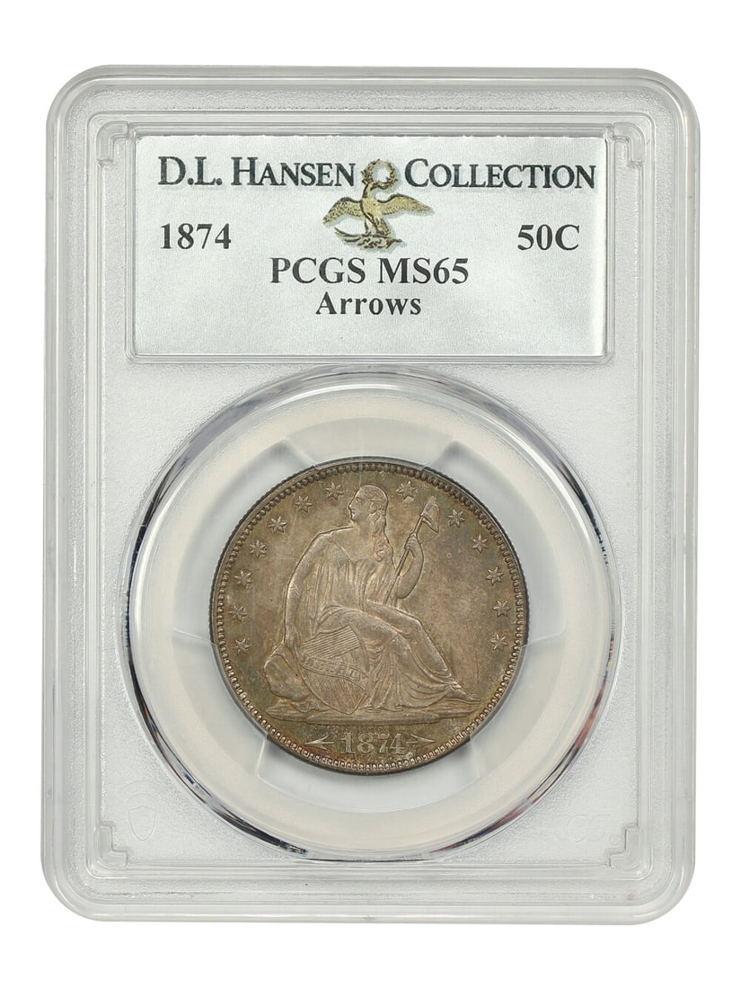 1874 50C Liberty Seated Half Dollar PCGS MS65 With Arrows: 1874 50C Liberty Seated Half Dollar PCGS MS65 With Arrows This 1874 50C Liberty Seated Half Dollar is graded MS65 by PCGS, making it a remarkable example of this series. This uncirculated coin, minted