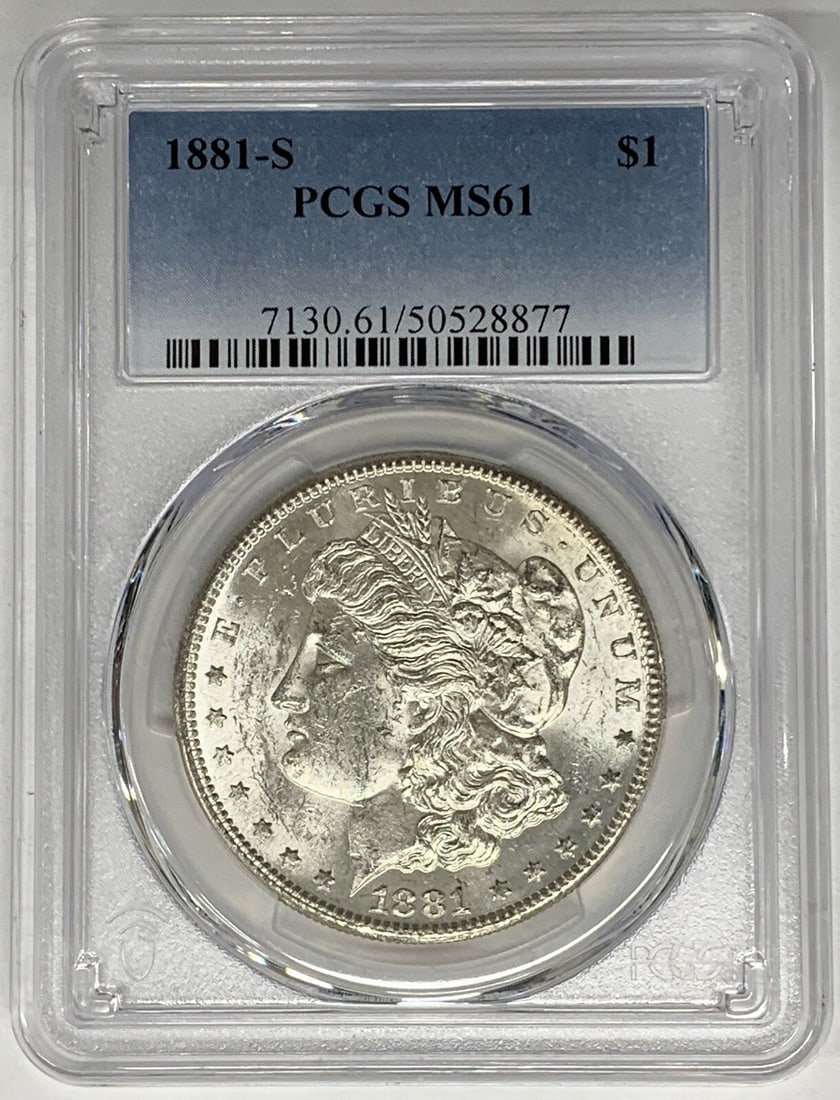 1881-S Morgan Silver Dollar PCGS MS 61 Uncirculated Coin: 1881-S Morgan Silver Dollar PCGS MS 61 Uncirculated Coin This 1881-S Morgan Silver Dollar is a stunning piece, certified by PCGS with a grade of MS 61. The coin features a beautiful design and is comp