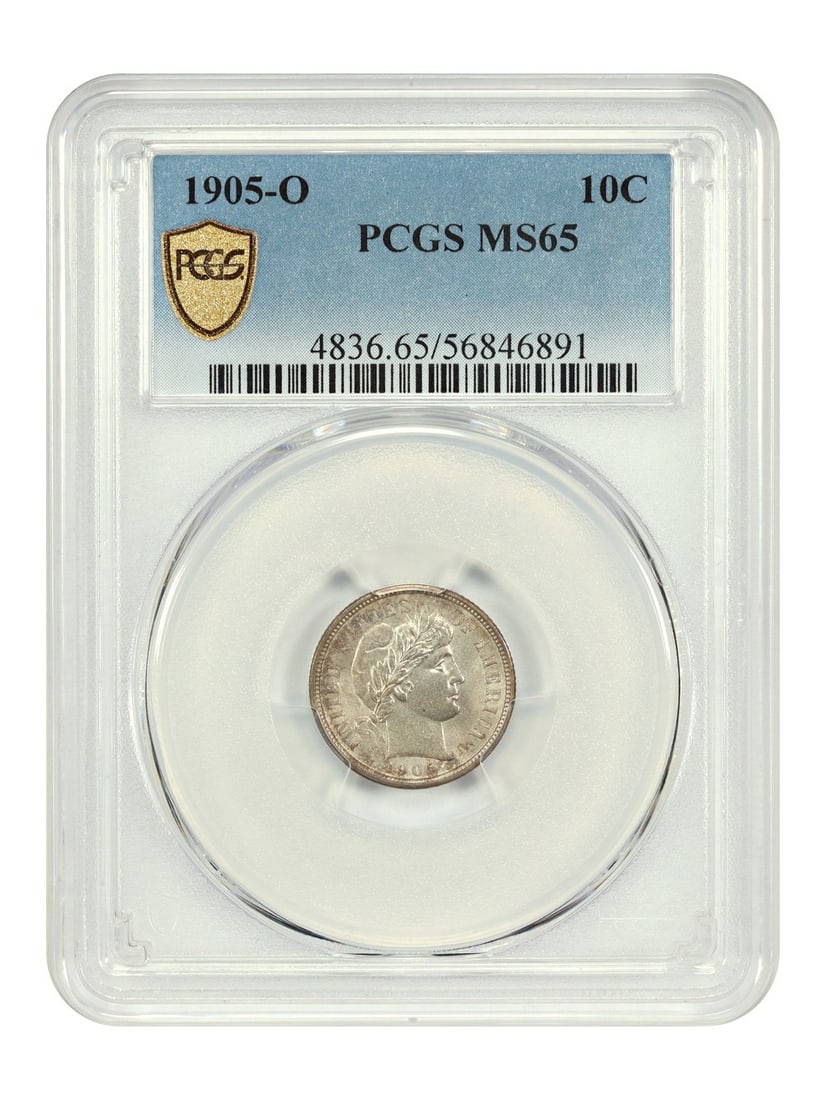 PCGS MS65 1905-O Barber Dime New Orleans Mint Certified 10C Coin: PCGS MS65 1905-O Barber Dime New Orleans Mint Certified 10C Coin This 1905-O Barber Dime is a scarce and popular coin minted in New Orleans. Certified by PCGS with a grade of MS65, it remains uncircul