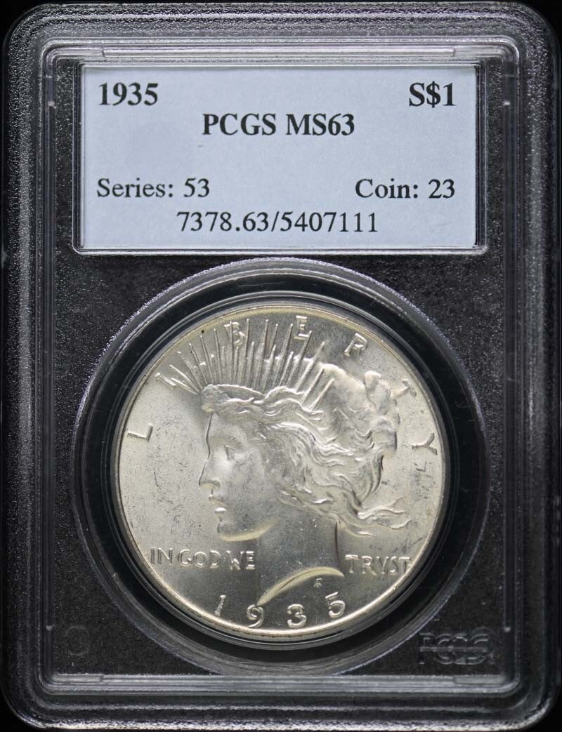 1935 Peace Dollar Uncirculated PCGS MS63 Philadelphia Certified: 1935 Peace Dollar Uncirculated PCGS MS63 Philadelphia Certified This 1935 Peace Dollar is a remarkable addition to any coin collection. Certified by PCGS with a grade of MS63, this uncirculated coin s