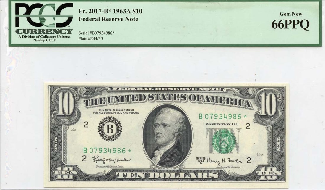 1963A $1 Federal Reserve Note FR# 2017-B* PCGS Gem66PPQ: 1963A $1 Federal Reserve Note FR# 2017-B* PCGS Gem66PPQ This 1963A $1 Federal Reserve Note (FR# 2017-B*) is certified by PCGS Currency with a grade of Gem 66 PPQ, indicating it is in uncirculated cond
