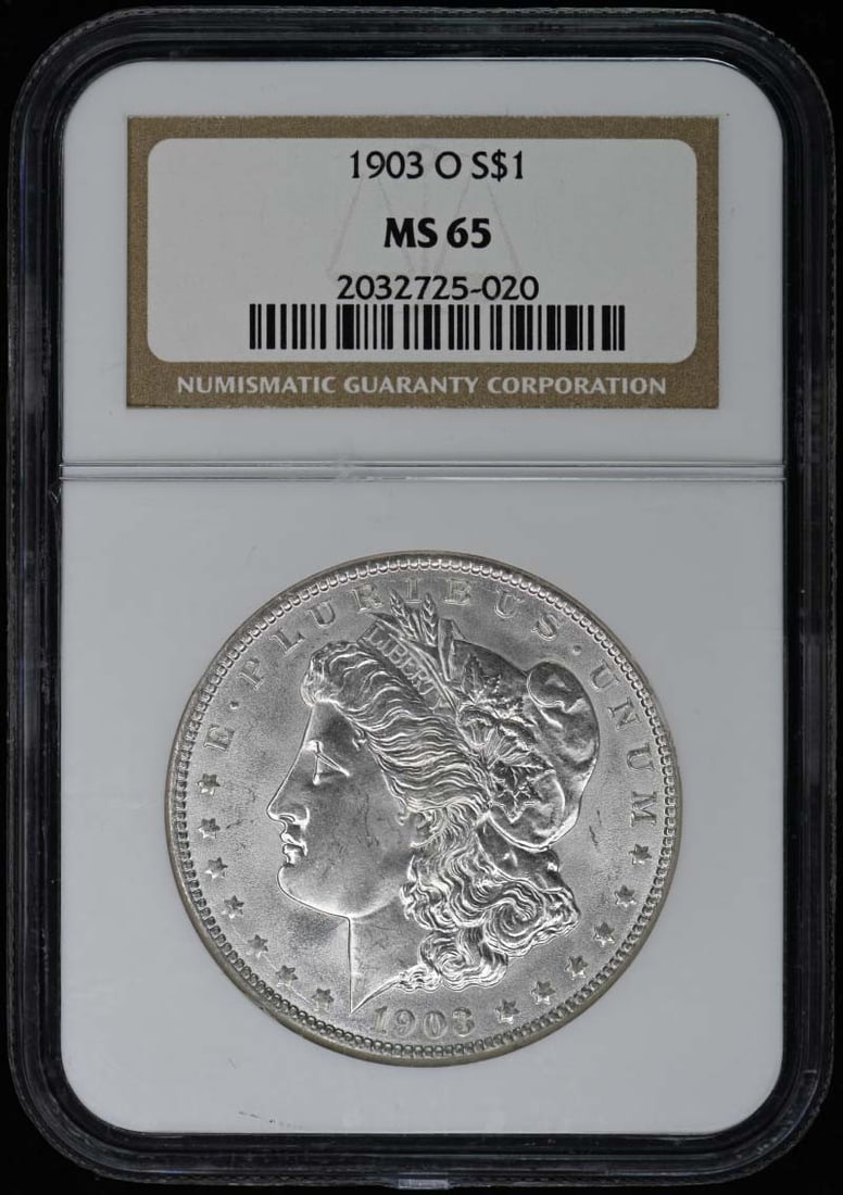 1903-O Morgan Dollar NGC MS65 Uncirculated Silver Coin: 1903-O Morgan Dollar NGC MS65 Uncirculated Silver Coin This 1903-O Morgan Dollar is a stunning example of American coinage, certified by NGC with a remarkable grade of MS65, indicating its uncirculate