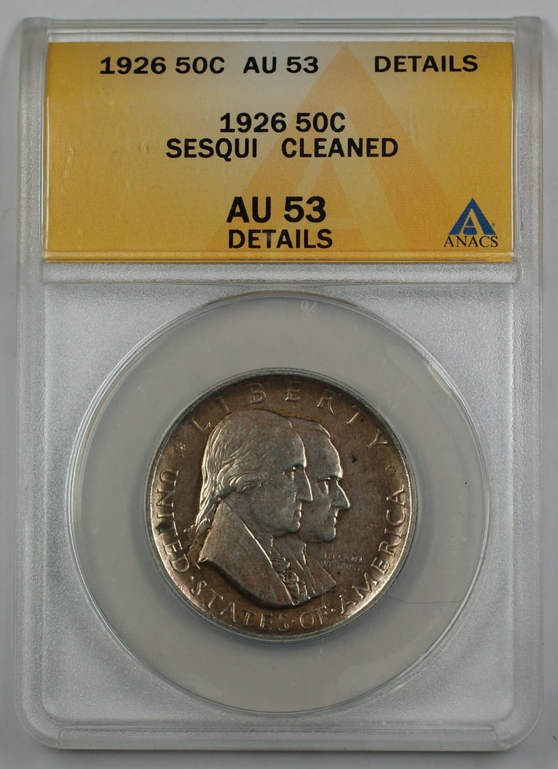 1926 Sesqui Commemorative Silver Half Dollar Coin ANACS AU 53: 1926 Sesqui Commemorative Silver Half Dollar Coin ANACS AU 53 This 1926 Sesqui Commemorative Silver Half Dollar Coin is certified by ANACS with a grade of AU 53. Minted in Philadelphia, this coin has