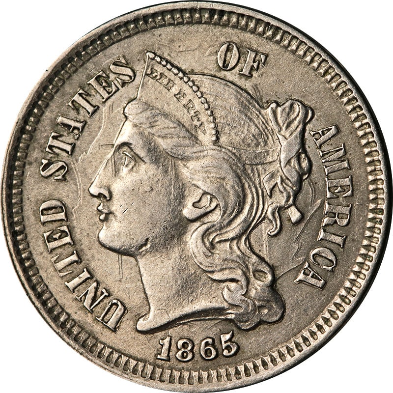 1865 Three Cent Nickel Heavy Die Clash Uncertified: 1865 Three Cent Nickel Heavy Die Clash Uncertified This 1865 Three (3) Cent Nickel features a heavy die clash, showcasing a unique and interesting error. The coin is made of nickel with a fineness of