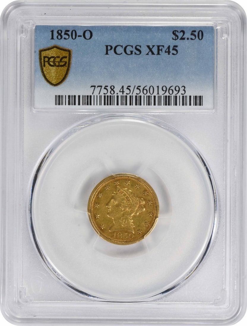 1850-O Gold Liberty Head $2.50 EF45 PCGS Certified Coin: 1850-O Gold Liberty Head $2.50 EF45 PCGS Certified Coin This 1850-O $2.50 Gold Liberty Head coin is a remarkable piece certified by PCGS in EF45 condition. Minted in New Orleans, this coin features a