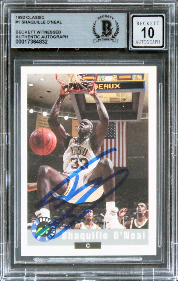 Shaquille O'Neal Signed 1992 Classic #1 Card Los Angeles Lakers Beckett Authenticated: Shaquille O'Neal Signed 1992 Classic #1 Card Los Angeles Lakers Beckett Authenticated This authentic 1992 Classic #1 card features a personal autograph from Shaquille O'Neal, a legendary player of the
