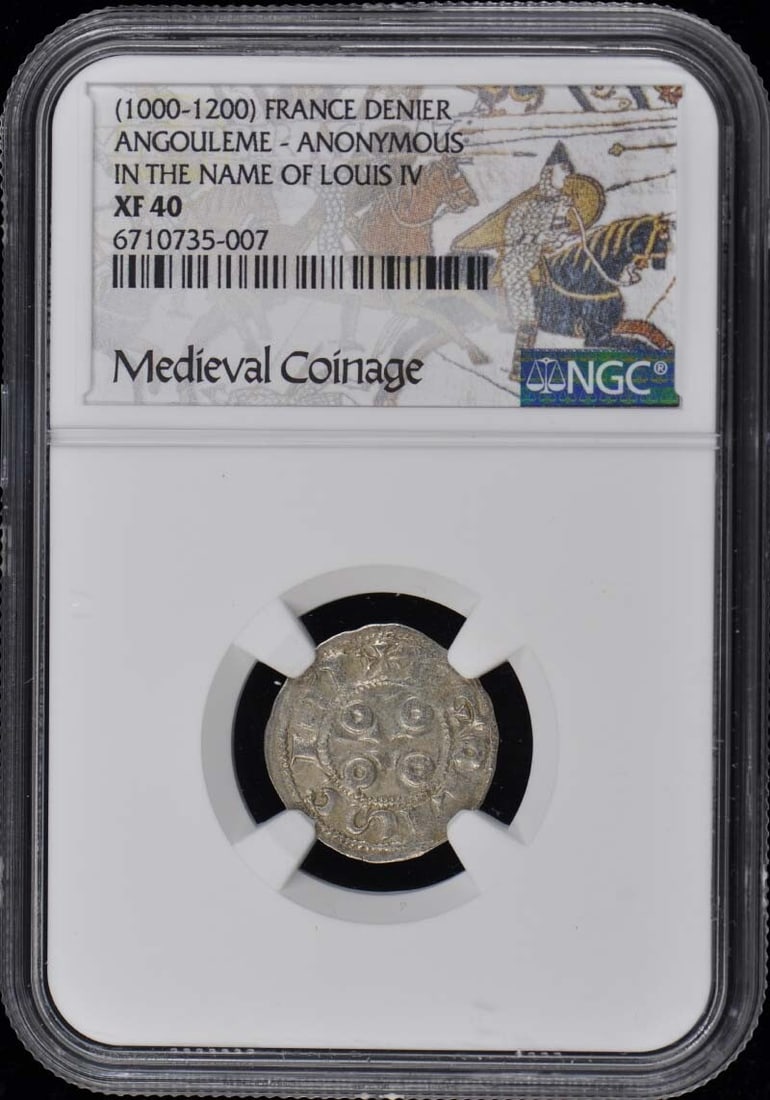 Louis IV Angouleme Denier Coin NGC XF40 Certified: Louis IV Angouleme Denier Coin NGC XF40 Certified This is a circulated denier from Angouleme, France, dating back to the Louis IV period (1000-1200). It has been certified by NGC with a grade of XF40,