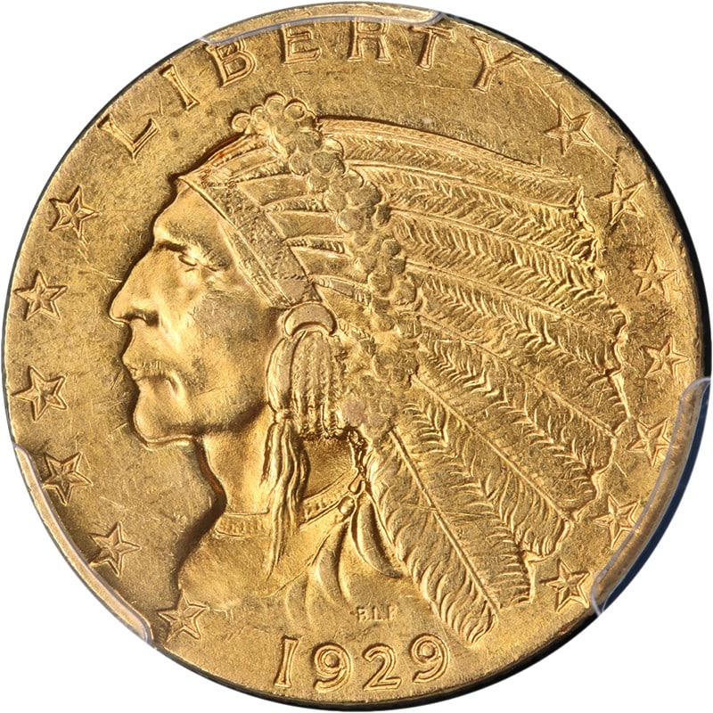 1929 $2.50 Gold Indian Coin PCGS MS62 Certified Uncirculated: 1929 $2.50 Gold Indian Coin PCGS MS62 Certified Uncirculated This 1929 Indian Gold $2.50 coin is graded MS62 by PCGS, indicating uncirculated condition with attractive luster, color, and surfaces. It 