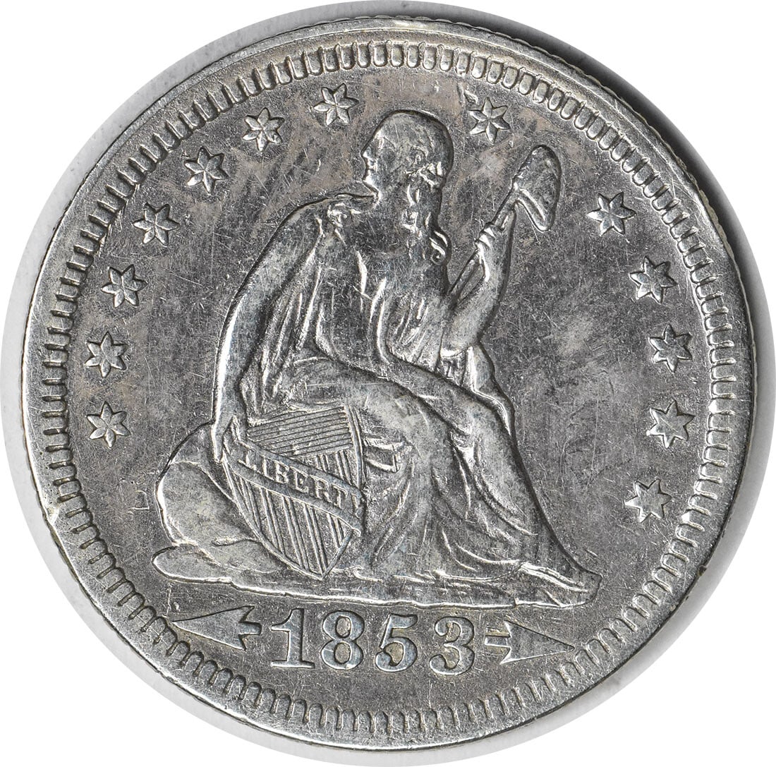1853 Liberty Seated Silver Quarter 90% Silver Uncertified XF Coin: 1853 Liberty Seated Silver Quarter 90% Silver Uncertified XF Coin Experience a piece of history with this 1853/4 Liberty Seated Silver Quarter. This coin features the iconic Seated Liberty design, cre