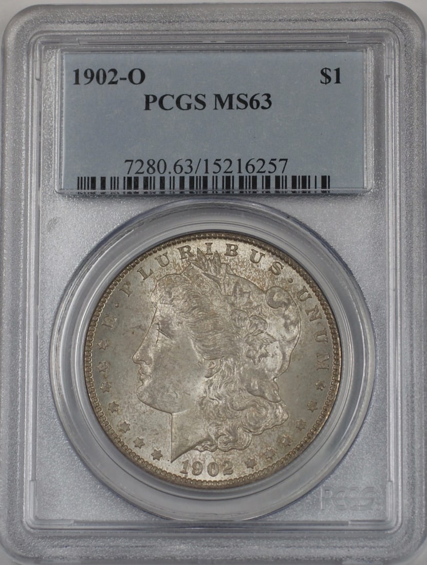 1902-O Morgan Silver Dollar PCGS MS-63 Lightly Toned Coin: 1902-O Morgan Silver Dollar PCGS MS-63 Lightly Toned Coin This 1902-O Morgan Silver Dollar features a stunning uncirculated condition with a PCGS grade of MS-63. Struck at the New Orleans Mint, this c