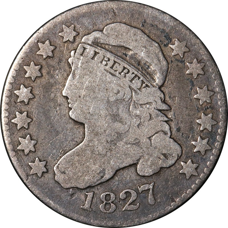 1827 Silver Bust Dime Uncertified Circulated Coin: 1827 Silver Bust Dime Uncertified Circulated Coin This 1827 Bust Dime is a notable piece of numismatic history, featuring a composition of silver. It is classified as circulated and is in pre-owned co