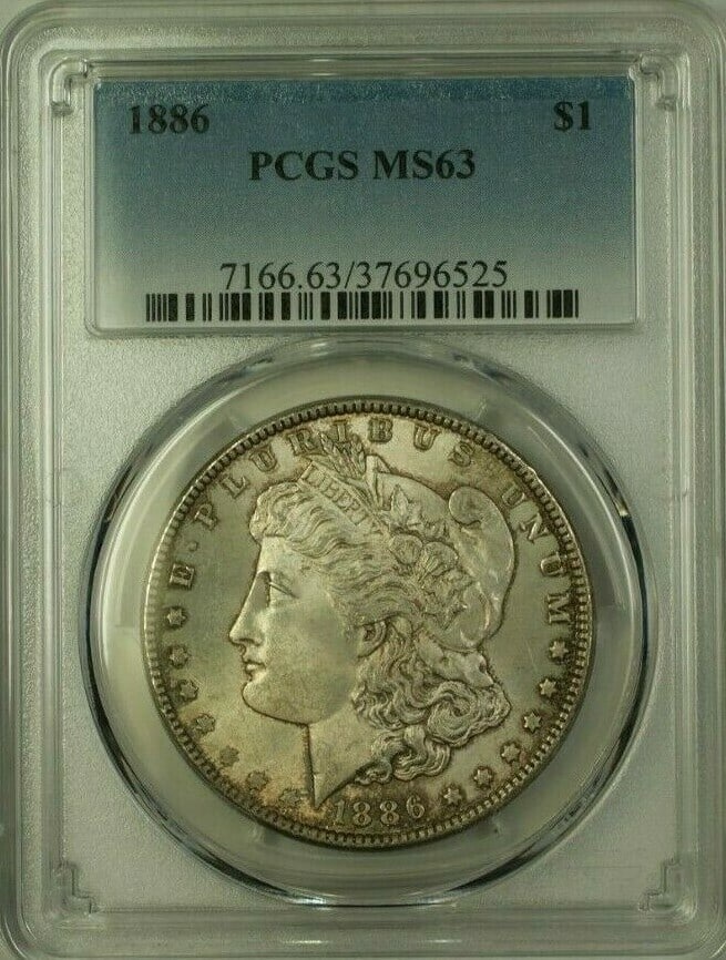 1886 Morgan Silver Dollar Coin PCGS MS-63 Toning Uncirculated: 1886 Morgan Silver Dollar Coin PCGS MS-63 Toning Uncirculated This 1886 Morgan Silver Dollar is a remarkable example of American coinage, certified by PCGS with a grade of MS-63. Minted in Philadelphi