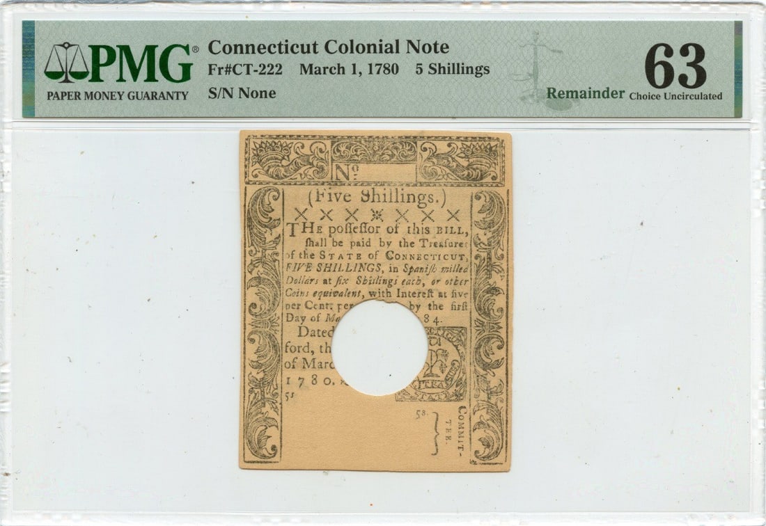 1780 Connecticut 5 Shillings Colonial Note PMG MS63: 1780 Connecticut 5 Shillings Colonial Note PMG MS63 This 1780 March 1 5 Shillings Connecticut Colonial Note is an exceptional piece of history, certified by PMG with a grade of MS63. It is categorized
