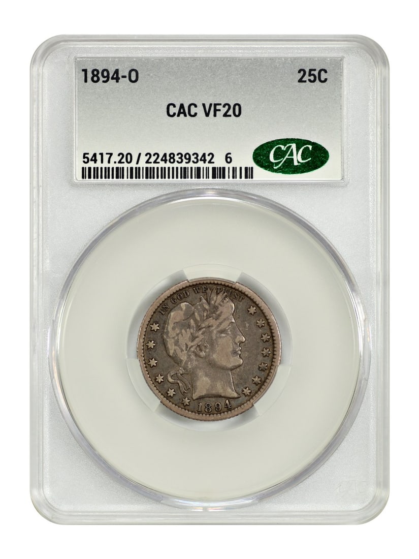 1894-O Barber Quarter CACG VF20 Certified Coin: 1894-O Barber Quarter CACG VF20 Certified Coin This 1894-O Barber Quarter is certified by CACG with certification number 224839342. The coin is in circulated condition and has been graded at VF20. It