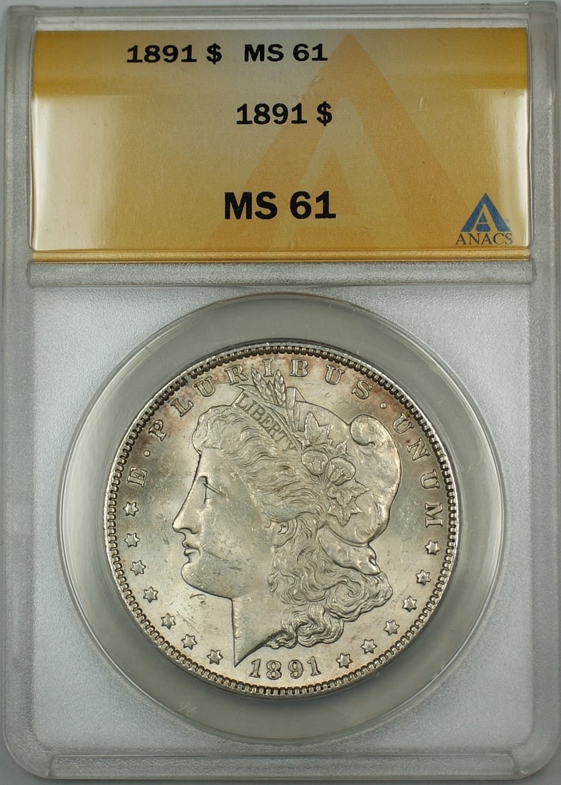 1891 Doubled Ear Morgan Silver Dollar ANACS MS 63 Uncirculated: 1891 Doubled Ear Morgan Silver Dollar ANACS MS 63 Uncirculated This 1891 Doubled Ear Morgan Silver Dollar is a remarkable coin, certified by ANACS with a grade of MS 63, indicating its uncirculated co