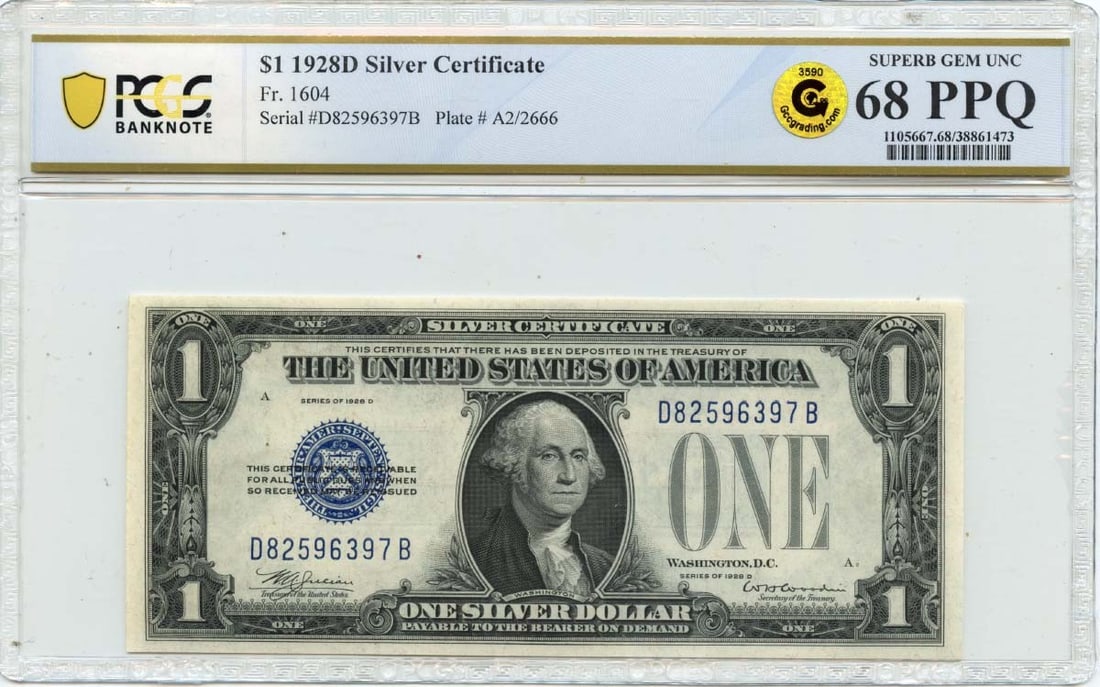 1928D $1 Silver Certificate FR#1604 PCGS MS68 Superb Gem Uncirculated: 1928D $1 Silver Certificate FR#1604 PCGS MS68 Superb Gem Uncirculated This 1928D $1 Silver Certificate, designated as FR#1604, is certified by PCGS Banknote with a superb gem grade of MS68. This uncir