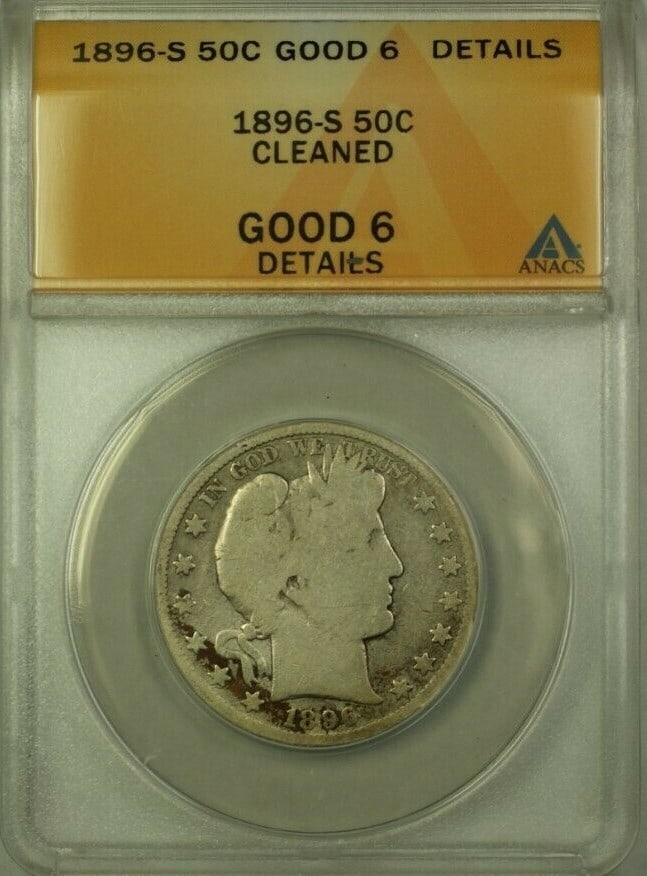 1896-S Barber Half Dollar Coin ANACS Certified Silver 50C: 1896-S Barber Half Dollar Coin ANACS Certified Silver 50C This 1896-S Barber Silver Half Dollar is a captivating piece of numismatic history. Certified by ANACS, this coin features a grade of G-6, ind