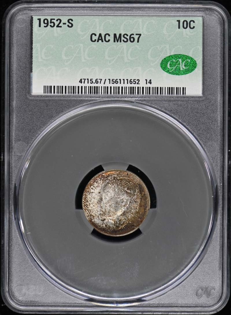 1952-S Roosevelt Dime CACG MS67 Uncirculated: 1952-S Roosevelt Dime CACG MS67 Uncirculated This 1952-S Roosevelt Dime is a remarkable piece certified by CACG with a high grade of MS67, indicating its uncirculated condition. Struck at the San Fran