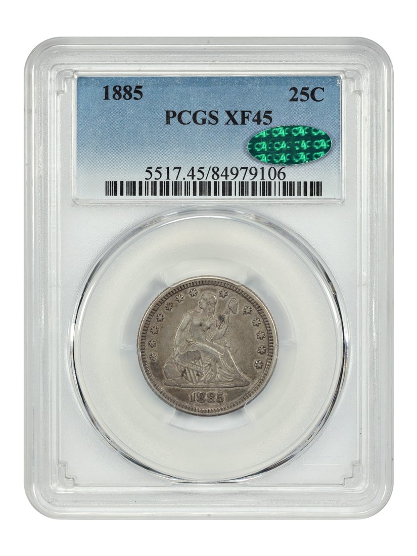 PCGS CAC XF45 1885 Liberty Seated 25 Cent Piece Low Mintage: PCGS CAC XF45 1885 Liberty Seated 25 Cent Piece Low Mintage This 1885 Liberty Seated Quarter is certified by PCGS with a CAC endorsement and graded XF45. Struck in Philadelphia, this circulated coin c