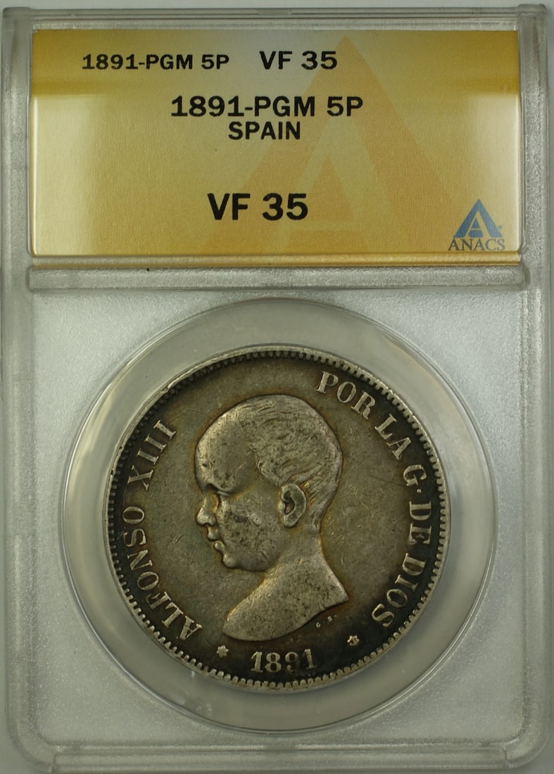 1891 5 Pesetas Silver Coin ANACS VF35 Circulated: 1891 5 Pesetas Silver Coin ANACS VF35 Circulated This is a 1891 PGM 5 Pesetas Silver Coin, certified by ANACS with a grade of VF-35. The coin is composed of silver and has been circulated, indicating